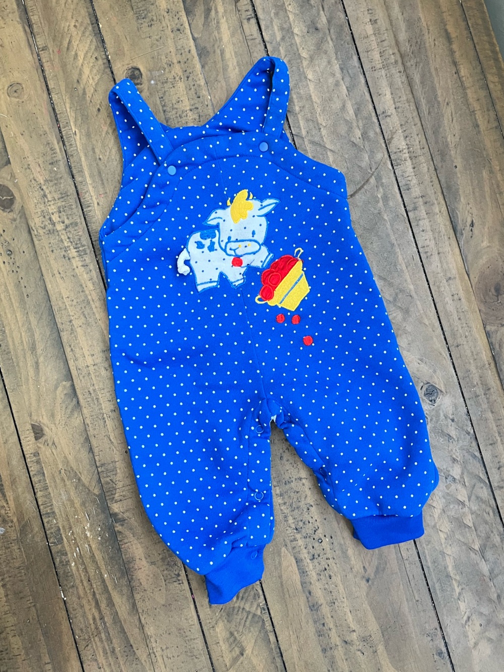 Vintage Royal Blue Polka Dot Footie with Cow & Toy Patch
